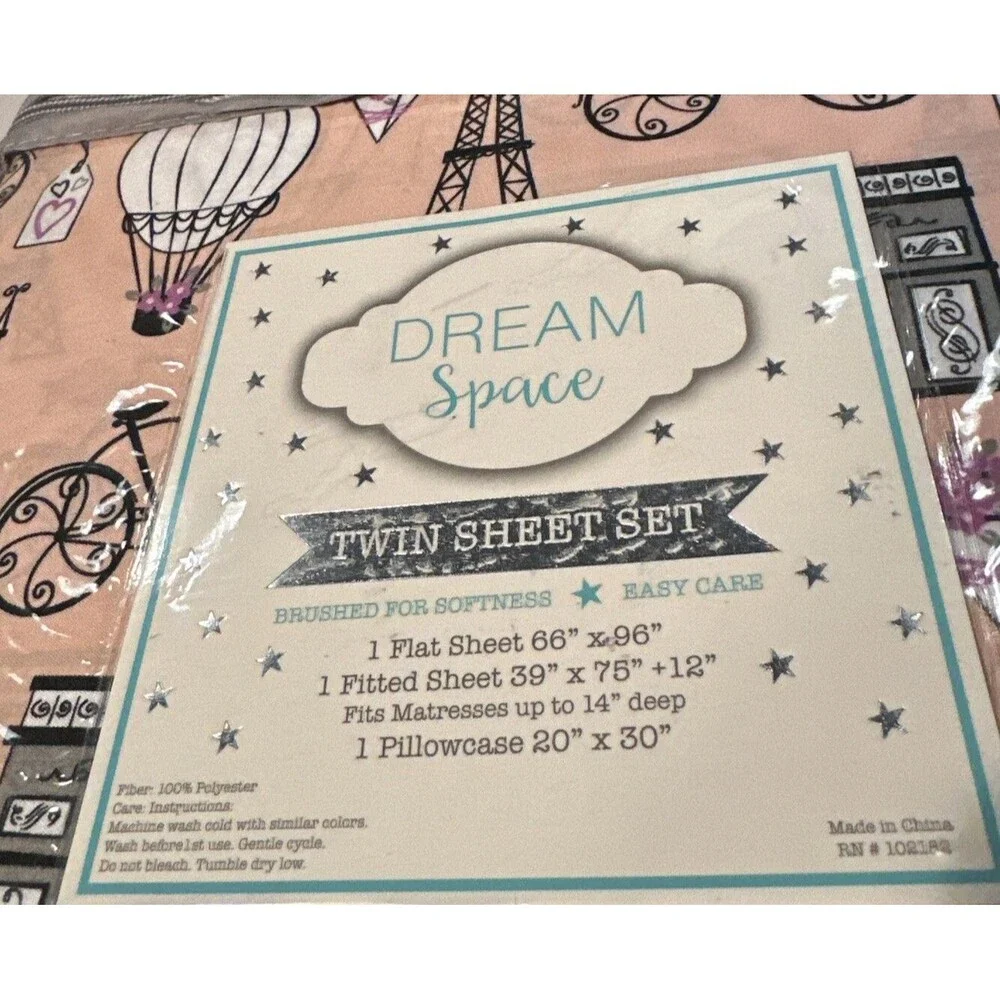 NEW Dream Space Twin Sheet Set 3 PIECE GIRL Pink Paris Eiffel Hot Air Balloons